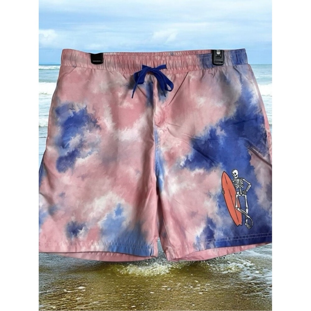 Chemistry Men's Swim Trunk Size L Mesh Lining Surfboard Skeleton Pockets Tie Dye